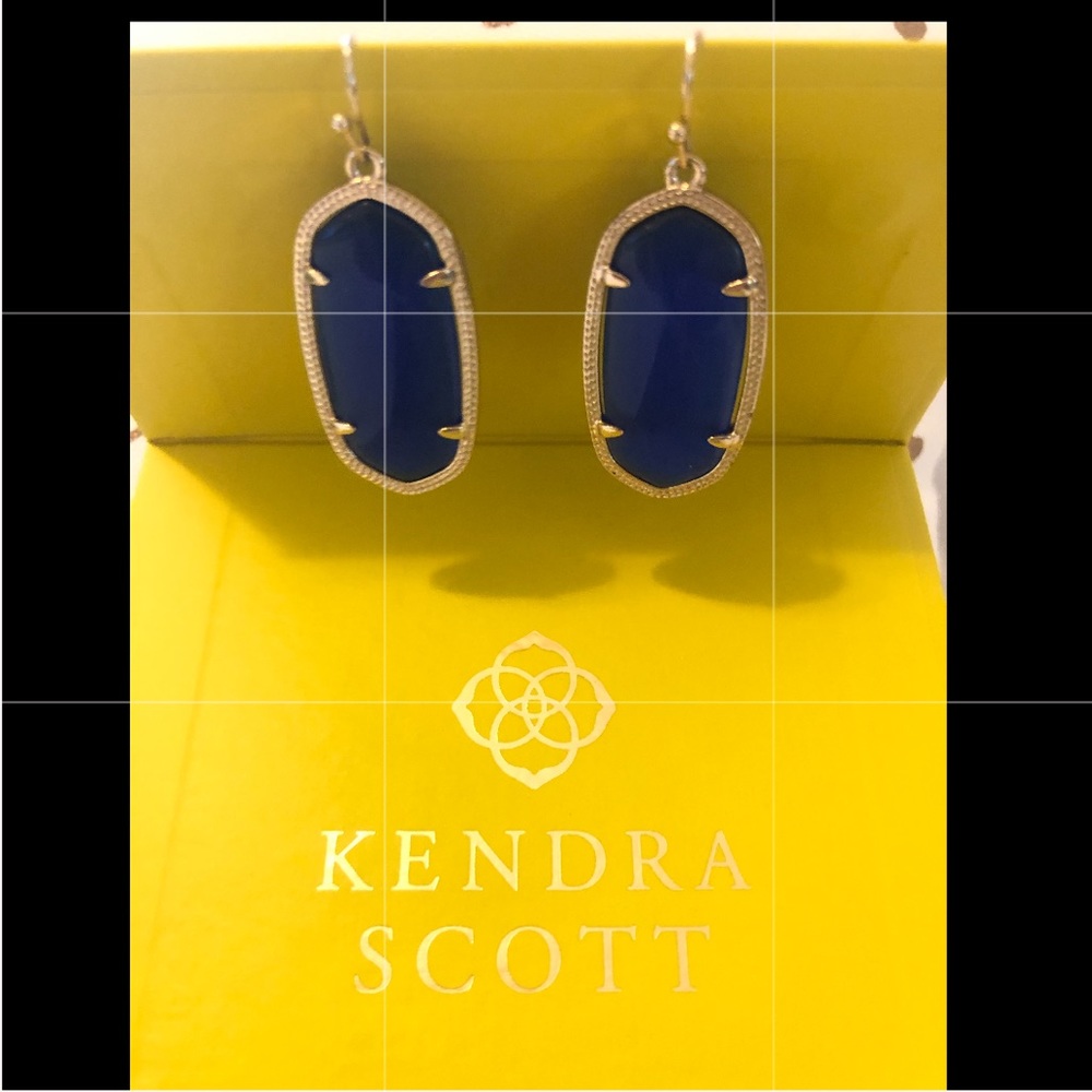 Kendra Scott gold and lapis blue drop earrings